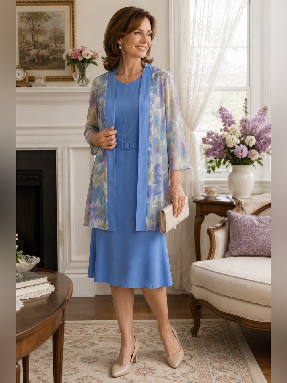 D’Allaird’s Periwinkle Blue Belted Dress & Sheer Floral Jacket Set Size 12